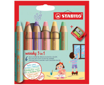 STABILO Woody 3in1 - multifunkční pastelky, 6 pastelových barev