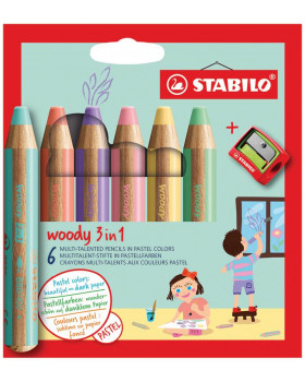 STABILO Woody 3in1 - multifunkční pastelky, 6 pastelových barev